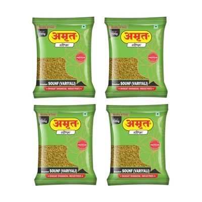 AMRUT Roasted Saunf (Variyali) - (100gm x 4 = 400g) (Pack Of 4) | Digestive Crunchy and Tasty Mouth Freshener | Traditional Refreshing Mukhwas Ready To Eat