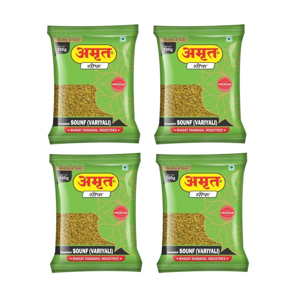 AMRUT Roasted Saunf (Variyali) - (100gm x 4 = 400g) (Pack Of 4) | Digestive Crunchy and Tasty Mouth Freshener | Traditional Refreshing Mukhwas Ready To Eat
