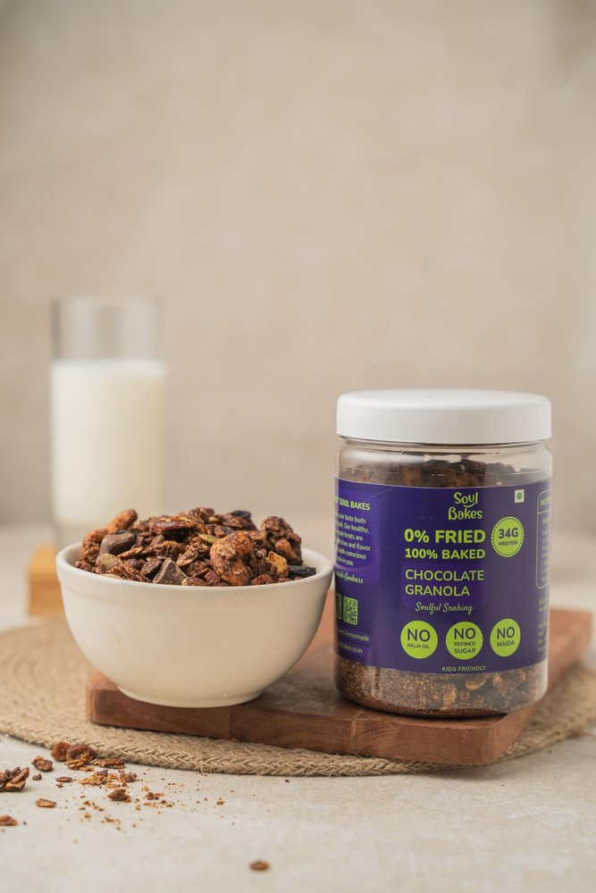 Soul Bakes Handmade Chocolate Granola | 100% Baked Oats Nuts Mixed Seeds with Jaggery Honey Butter Cocoa Powder | Healthy Crunchy Breakfast | Free from Maida Palm Oil Refined Sugar Colors Preservatives Chemicals | 250g