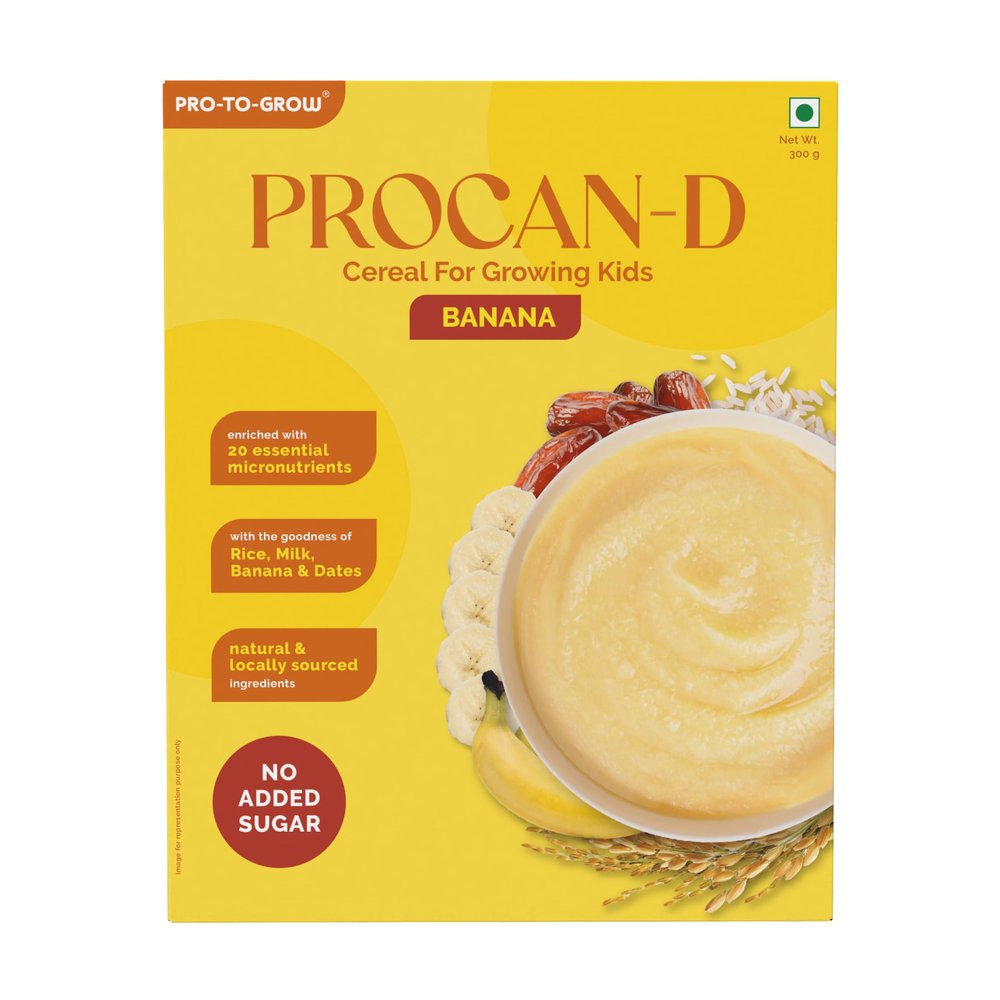 Pro To Grow PROCAN-D Banana Cereal 300g for Growing Kids | Enriched with Rice, Banana & Dates | No Added Sugar or Preservatives with 20 Micronutrients | Gluten-Free Formula for Complete Nutrition