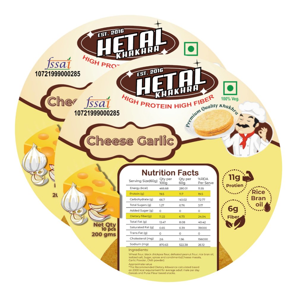 Cheese Garlic Khakhra | Classic | Crispy | Ready To Eat | High Protein High Fiber| No Palm Oil | 200g Vacuum Pack Of 2