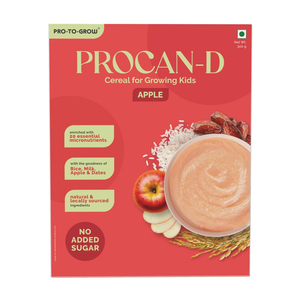 Pro To Grow PROCAN-D Apple Cereal 300g for Growing Kids | Enriched with Rice, Milk, Apple & Dates | No Added Sugar with 20 Micronutrients | Gluten-Free Formula for Wholesome Nutrition