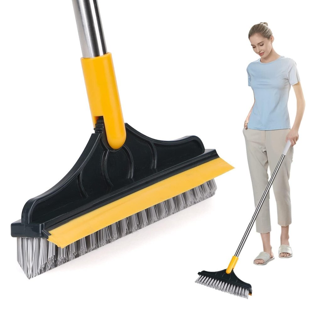 Kychex 2 in 1 Bathroom Cleaning Brush with Wiper Tiles Floor Scrub Long Handle 120 Rotate (Yelow)
