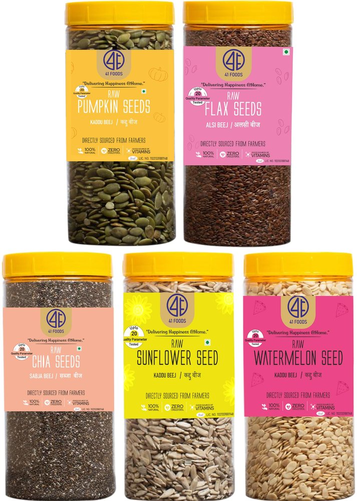 41 Foods Premium Dry Fruits Combo of Chia Seeds Flax Seeds Pumpkin Seeds Sunflower Seeds and Watermelon Seeds | 2.5 KG (500g x 5)