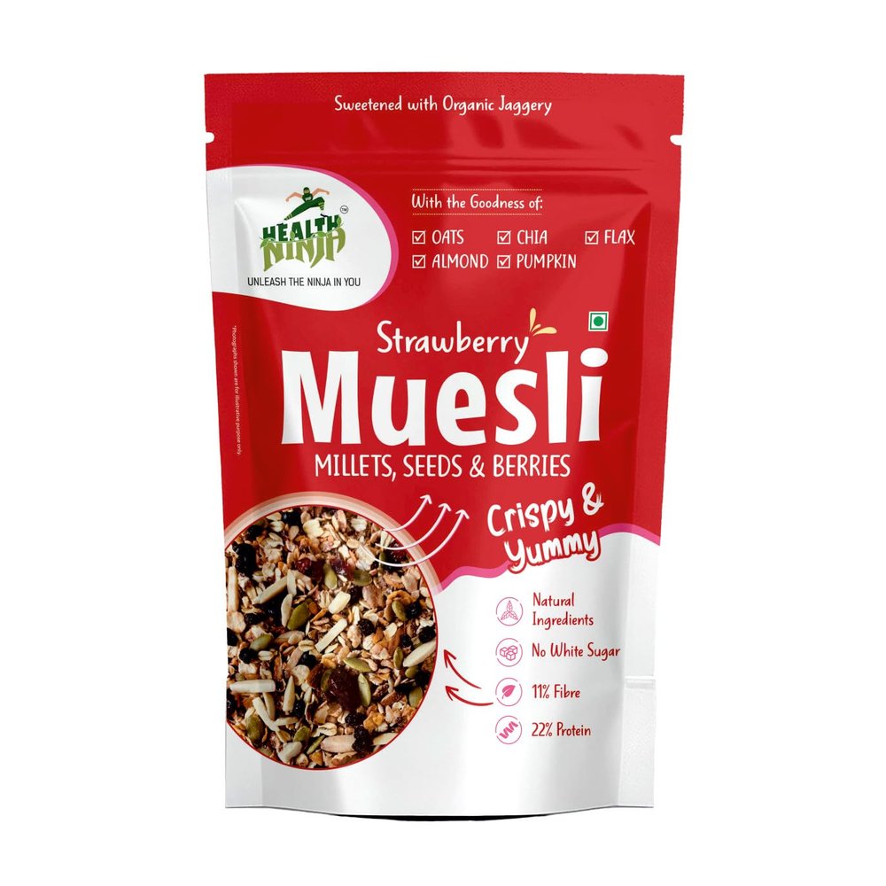 Health Ninja Strawberry Muesli | High Protein Breakfast Cereal | Oats, Almonds, Chia, Flax & Pumpkin Seeds | 900 g (B0F8VKX3Y3, Strawberry)