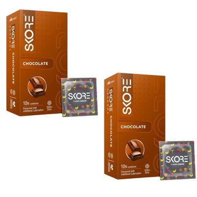 Skor Chocolate Flavoured Condoms Lubricated Premium Latex for Smooth (Pack of 2)