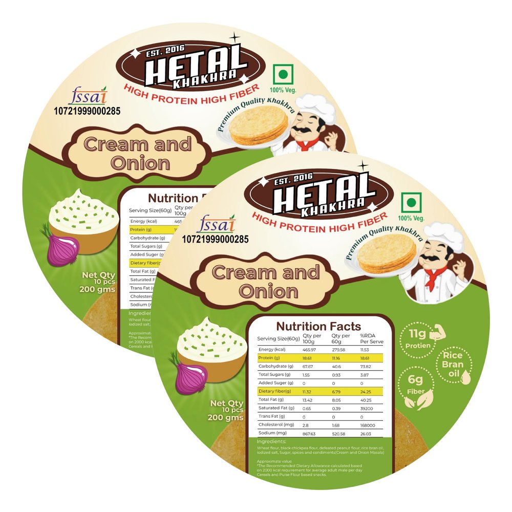 Cream-Onion Khakhra | Classic | Crispy | Ready To Eat | High Protein High Fiber| No Palm Oil | 200g Vacuum Pack Of 2