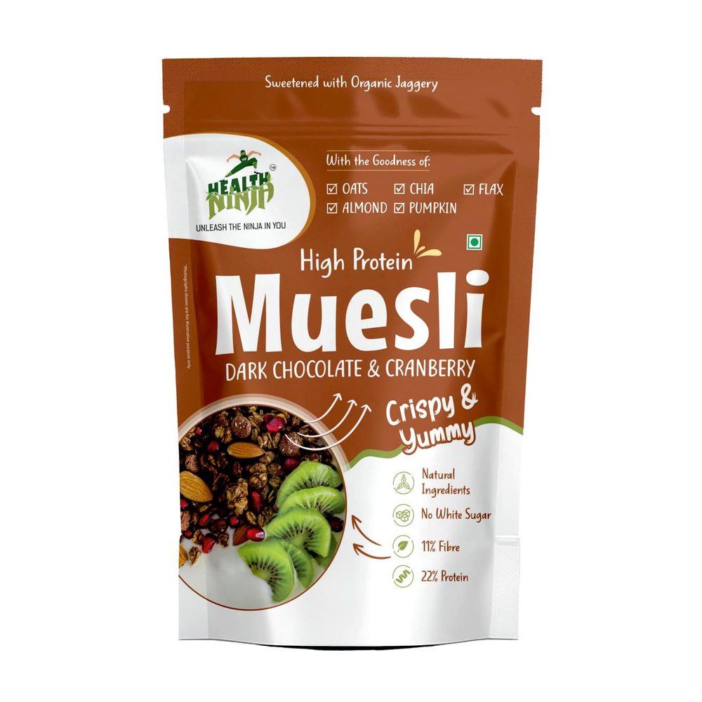 Health Ninja Dark Chocolate Muesli, 900 gms | High Protein Breakfast Cereal | Oats, Almonds, Chia, Flax & Pumpkin Seeds
