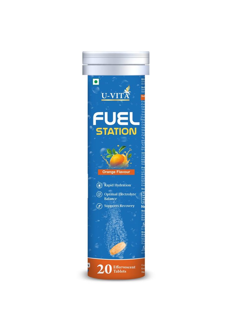 U-VITA Fuel Station Electrolyte Drink Mix, Orange Flavour, 20 Effervescent Tablets, with Vitamins and Minerals for Rapid Hydration (1)