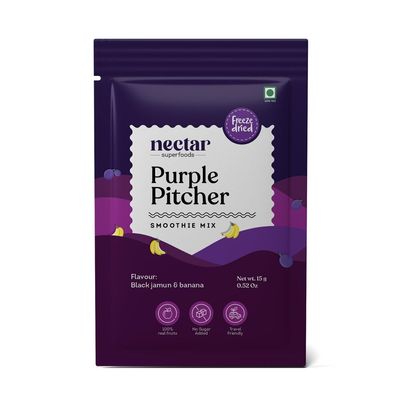 Nectar Superfoods Purple Pitcher Smoothie Powder 15g Black Jamun & Banana Blend, 100% Natural Fruit, No Added Sugar, Vegan & Gluten-Free, Ready-to-Mix Smoothie Sachet