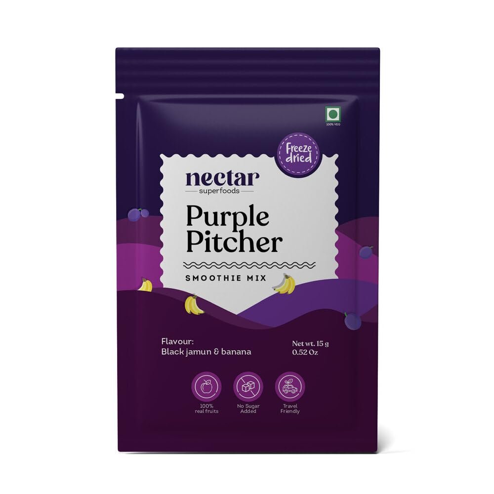 Nectar Superfoods Purple Pitcher Smoothie Powder 15g  Black Jamun & Banana Blend, 100% Natural Fruit, No Added Sugar, Vegan & Gluten-Free, Ready-to-Mix Smoothie Sachet