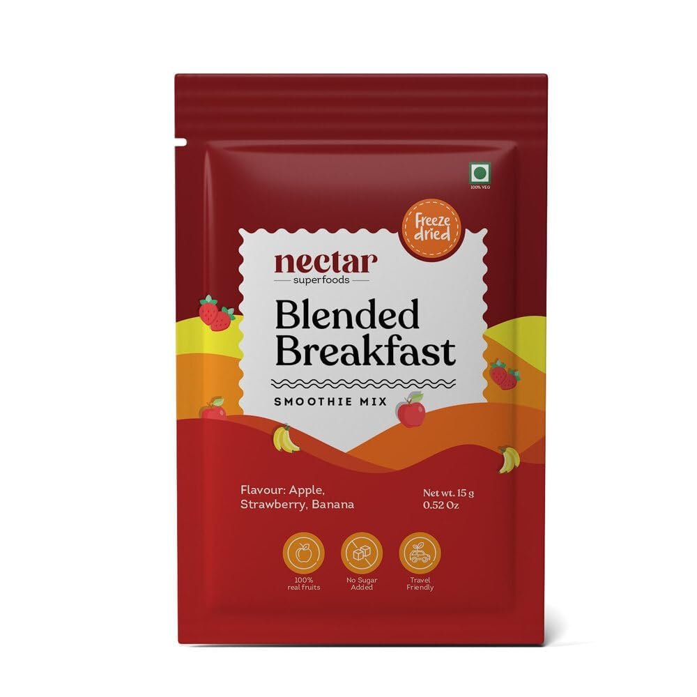 Nectar Superfoods Blended Breakfast Smoothie Powder  Strawberry, Apple & Banana | 100% Natural Freeze-Dried Fruit | No Added Sugar | Vegan & Gluten-Free | Ready-to-Mix Smoothie | 15g Sachet Pack