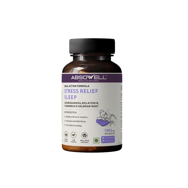 Absowell Stress & Sleep Relief | 60 Veg Capsules | Ashwagandha 300mg, L-Theanine 200mg, Valerian, Chamomile & Melatonin 3mg | Natural Non-Habit Forming Sleep Aid & Stress Relief Supplement