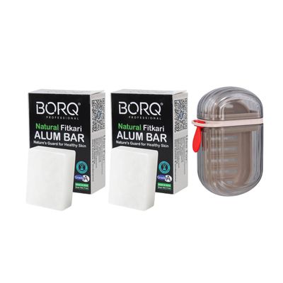 BORQ Fitkari Alum Bar 100gm (2x100g) Pack of 2 With Traveling Case For After Shaving | 100% Pure Natural | Acne Treatment | Skin Tightening | Dark Circles & Underarms | Natural Deodorant