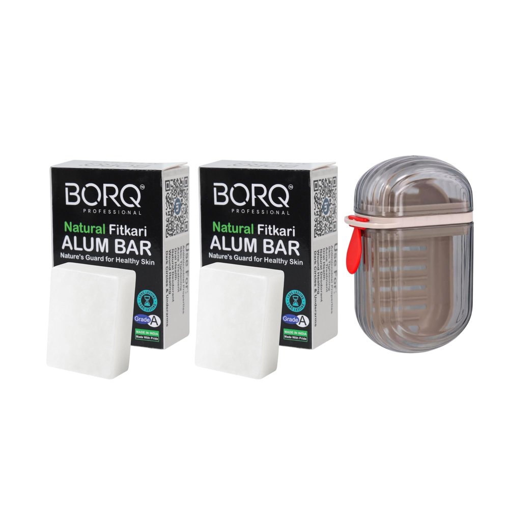 BORQ Fitkari Alum Bar 100gm (2x100g) Pack of 2 With Traveling Case For After Shaving | 100% Pure Natural | Acne Treatment | Skin Tightening | Dark Circles & Underarms | Natural Deodorant