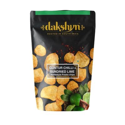 Dakshyn Homemade Potato Chips - Guntur Chilli + Sundried Lime (80g x Pack of 3) | Spicy Potato Lime Wafers | South Indian Potato Chips Spicy | South Indian Snacks Homemade