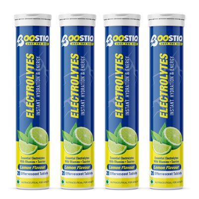 BOOSTIQ Electrolytes Low Sugar Energy Drink For Instant Hydration & Daily Rehydration With 5 Essential Electrolytes + Vitamins, Sports Drink for Men and Women (20 count (Pack of 4), Lemon)