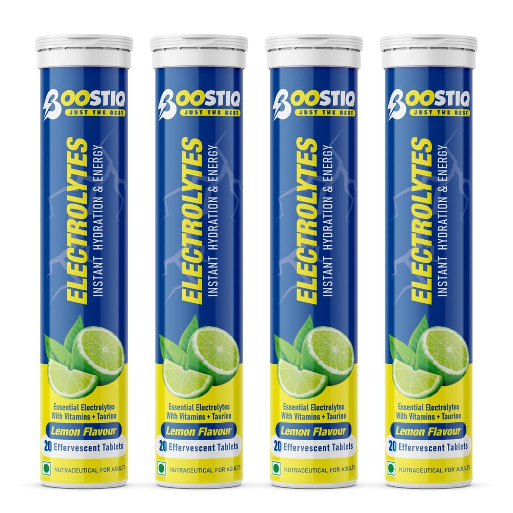 BOOSTIQ Electrolytes Low Sugar Energy Drink For Instant Hydration & Daily Rehydration With 5 Essential Electrolytes + Vitamins, Sports Drink for Men and Women (20 count (Pack of 4), Lemon)
