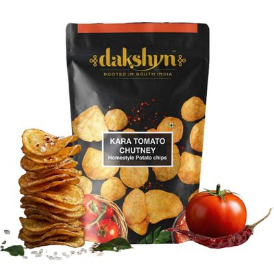 Dakshyn Homemade Potato Chips - Kara Tomato Chutney (80g x Pack of 3) | Indian Snacks Spicy Potato Wafers | Tomato Chips | South Indian Spicy Wafers | Homemade Snacks
