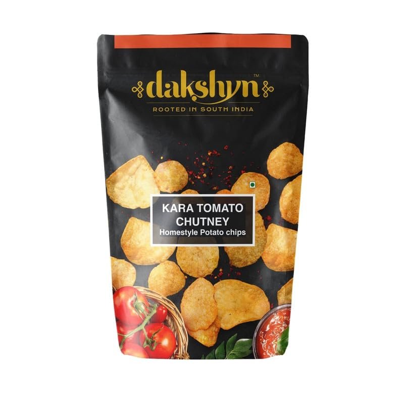 Dakshyn Homemade Potato Chips - Kara Tomato Chutney (80g x Pack of 5) | Indian Snacks Spicy Potato Wafers | Tomato Chips | South Indian Spicy Wafers | Homemade Snacks
