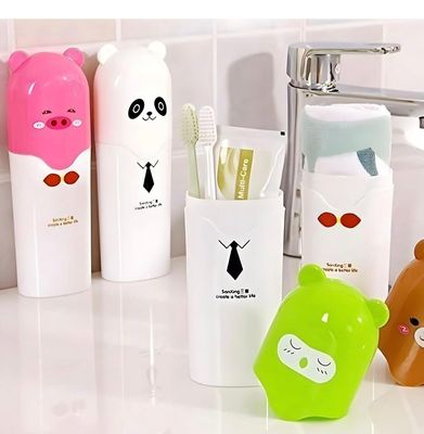 DOEASY Toothbrush Holder Case with Cute Cartoon Design, Transparent Storage Container with Cup, Portable Bathroom Organiser (1)