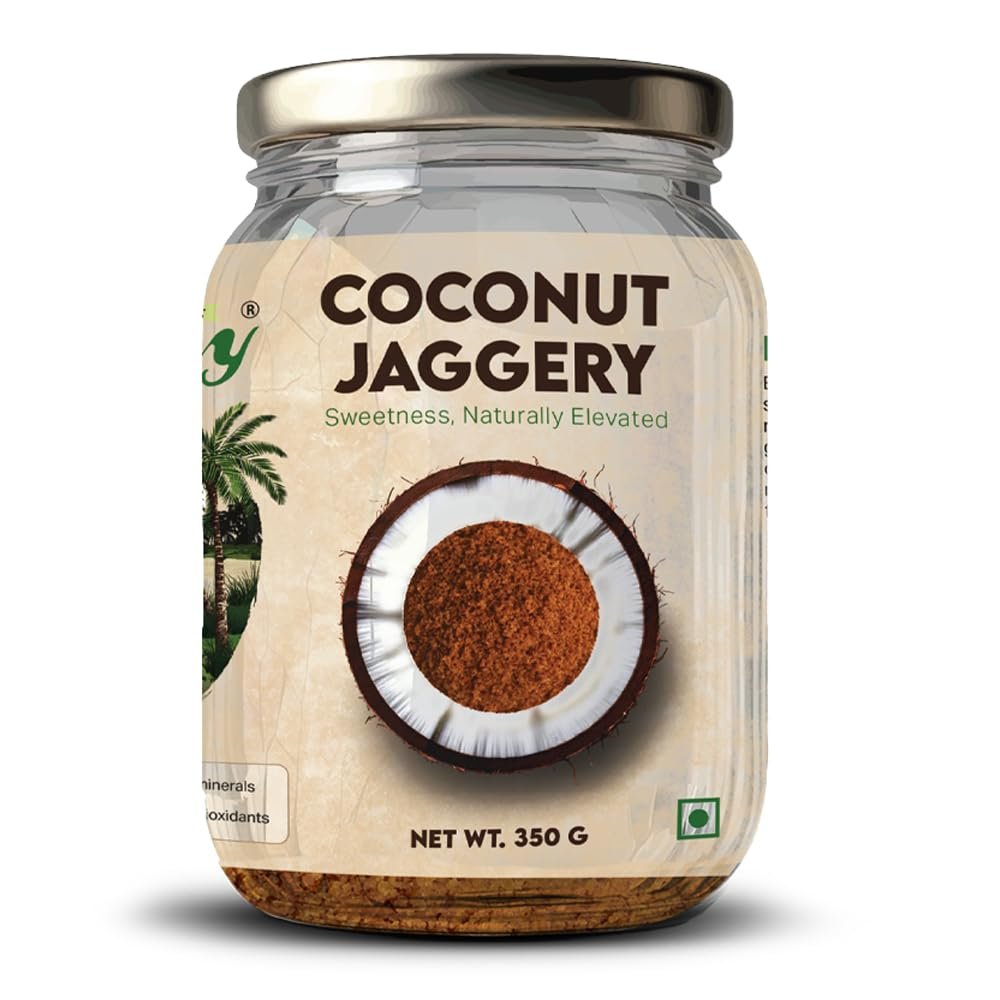 Farmy Coconut Palm Sugar | Natural Sweetener Low Glycemic Index | Unrefined Coconut Jaggery Powder in Glass Jar | No Preservatives Vegetarian Sugar Alternative for Cooking Baking Beverages (350g)