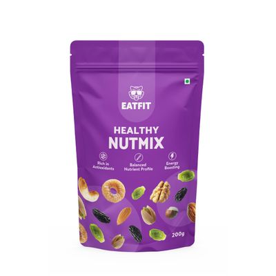 Eatfit Healthy Nutmix 200g | Premium Blend of 7 Superfoods | Nuts - Almonds, Cashews, Pistachios, Walnuts | Fruits - Cranberries | Raisins - Green Raisins, Black Raisins | High Protein, Fiber, Antioxidants