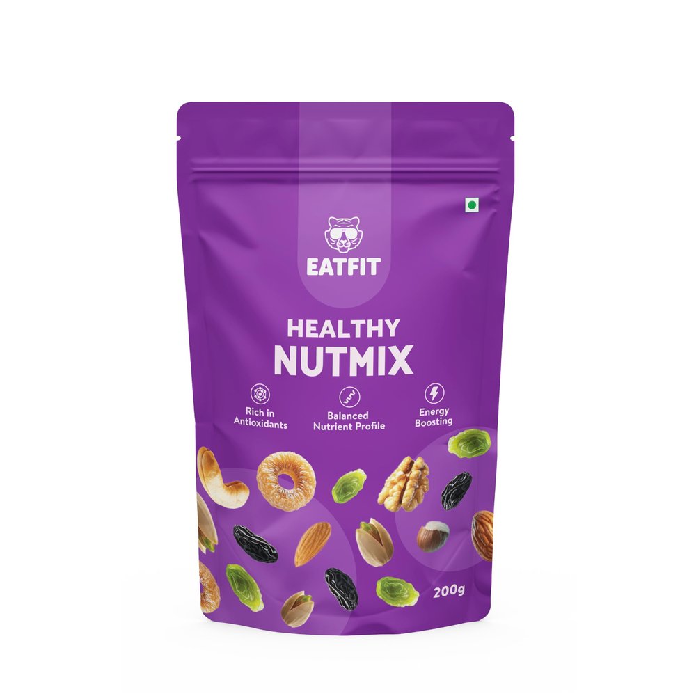 Eatfit Healthy Nutmix 200g | Premium Blend of 7 Superfoods | Nuts - Almonds, Cashews, Pistachios, Walnuts | Fruits - Cranberries | Raisins - Green Raisins, Black Raisins | High Protein, Fiber, Antioxidants