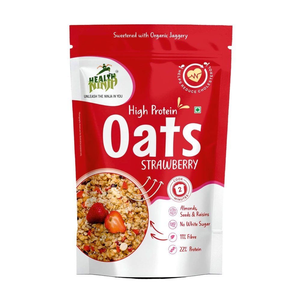 Health Ninja Strawberry Oats | High Protein Breakfast Cereal | Ideal for Oatmeal & delicious snacks | 900 gm Pack (900, Strawberry)