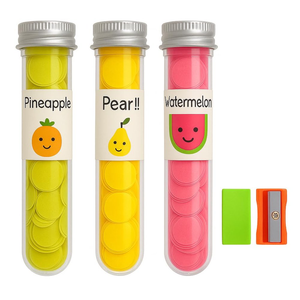 "Paper Soap Bottle Pack of 3 | With Complimentary Eraser & Sharpener | Portable Scented Paper Soap Flakes in Tube Shape Bottle | Mini Travel-Friendly Soap Petals for Handwash Assorted Colours"
