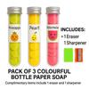 "Paper Soap Bottle  Pack of 3 | With Complimentary Eraser & Sharpener | Portable Scented Paper Soap Flakes in Tube Shape Bottle | Mini Travel-Friendly Soap Petals for Handwash  Assorted Colours" view 2