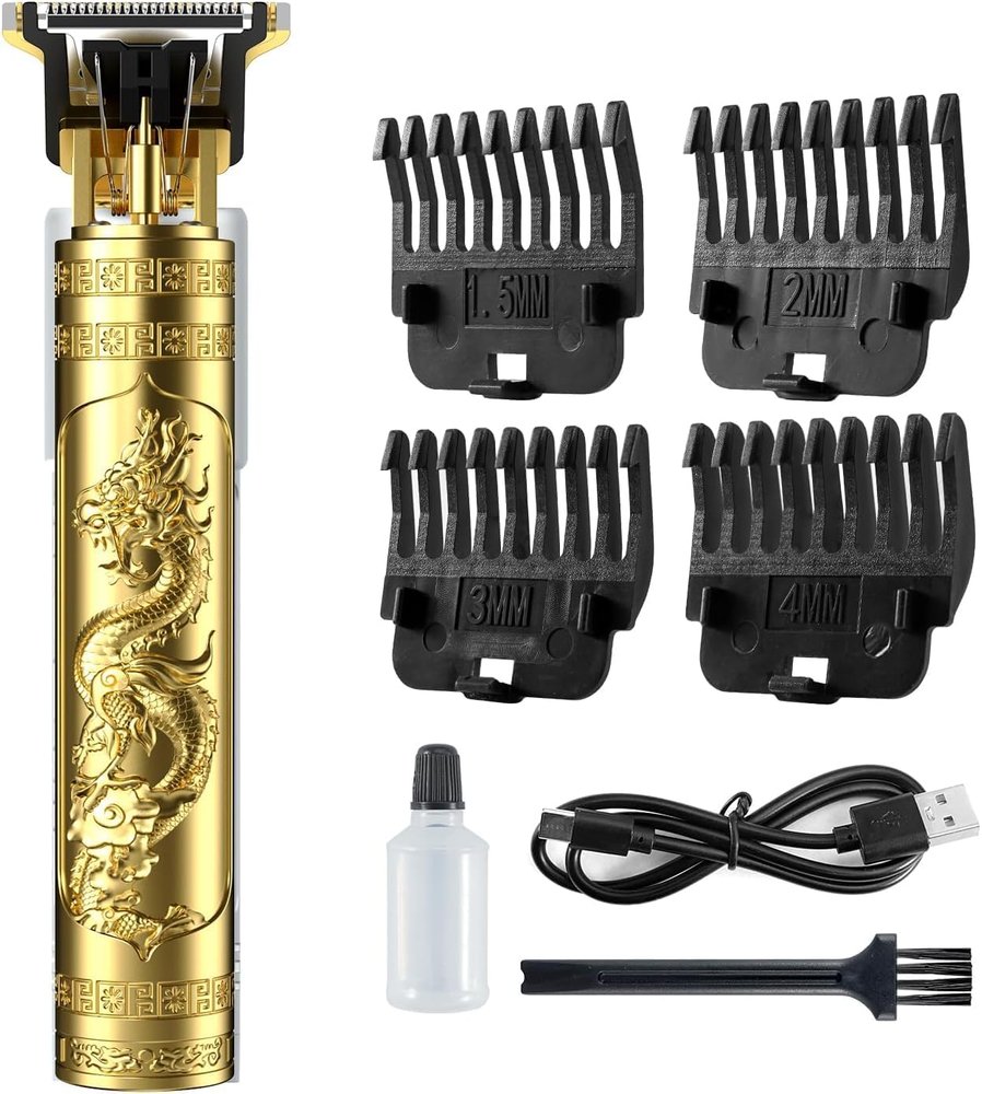 Cravico Professional Hair Trimmer for Men | Cordless Beard Shaver | T-Blade Clipper with 4 Hair Combs | Electric Grooming Tool for Face & Mustache (Gold)