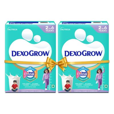 DexoGrow Nutritious Milk Drink for 2-6 year Old Kids with IRON BIOTICS, Zero Added Sucrose - 400g BIB (Pack of 2), Powder