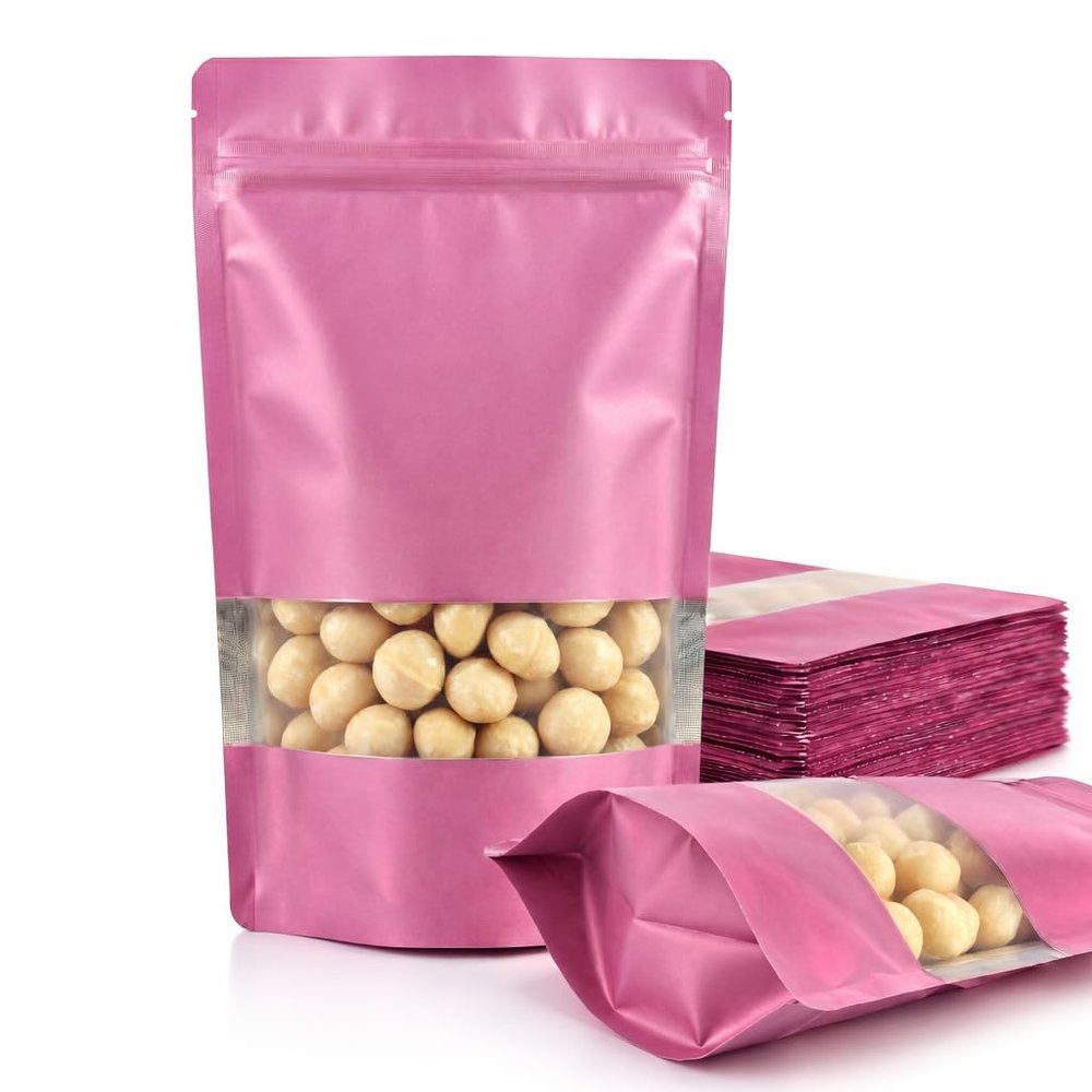 Matte Pink Zip Lock Stand Up Pouches | 1825.5 cm | 750gm | Pack of 10 | Reusable, Airtight, Leakproof, Self Sealing, Multi-Purpose | Food Storage Transparent Window Polyester Storage Bags