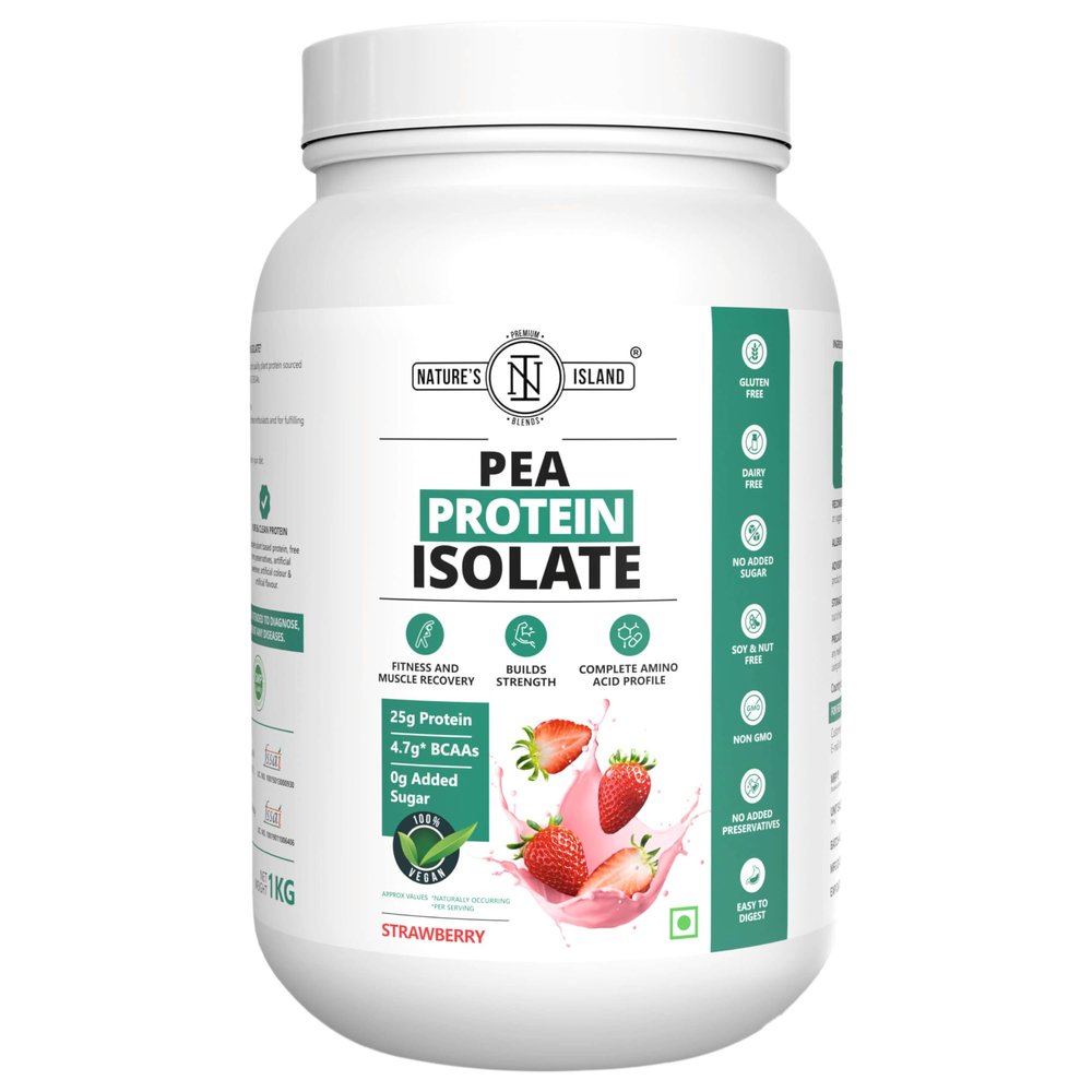 Nature's Island Plant Protein 1 Kg | Canadian Pea Protein Isolate | Vegan | 25 G Protein/Serving | Easy To Digest | All Essential Amino Acids | No Sugar | No Preservatives | Strawberry Flavour