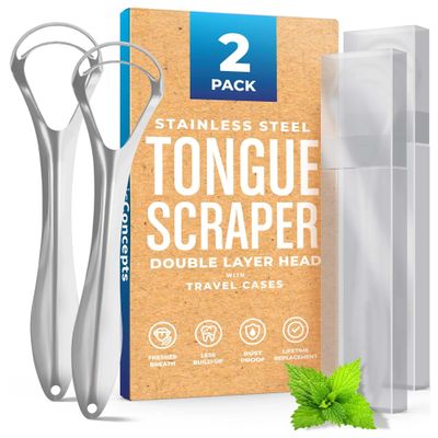 Bennort Tongue Cleaner for Kids & Adults, 2 Pcs Dual Scraping Head Tongue Scraper with Travel Case for Removes Bad Breath & Oral Health Care, Improved Taste Sense,Easy to Use, Silver (2)