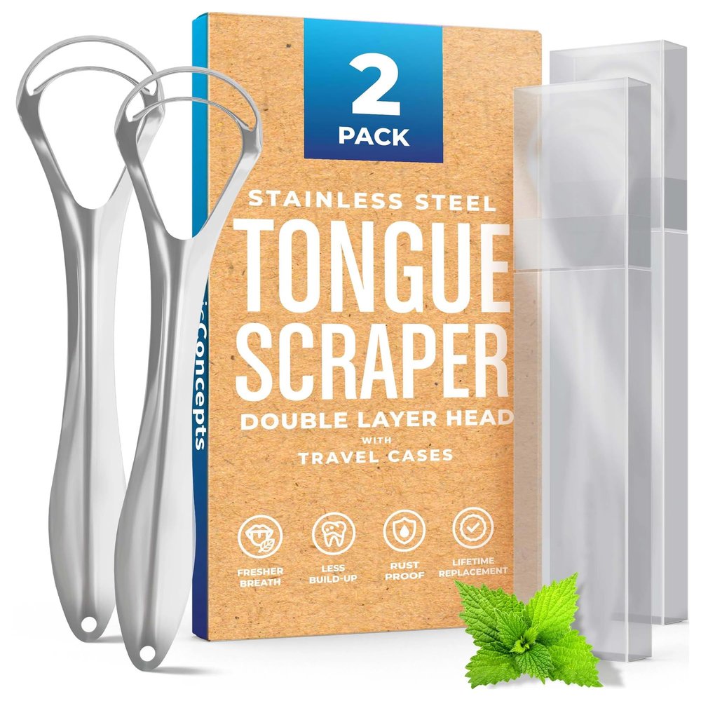 Bennort Tongue Cleaner for Kids & Adults, 2 Pcs Dual Scraping Head Tongue Scraper with Travel Case for Removes Bad Breath & Oral Health Care, Improved Taste Sense,Easy to Use, Silver (2)