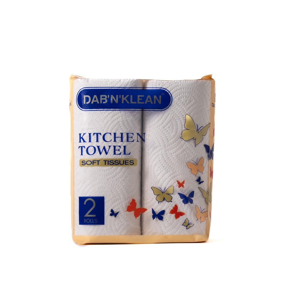 Dab N Klean 2 Ply Kitchen Towel/Tissue Paper Roll - Pack of 2 (60 Pulls per Roll, 120 Sheets) | Soft & Ultra Absorbent | OBA-Free | Pet Safe | 100% Virgin Cellulose Fiber (2 Rolls (120 pulls))