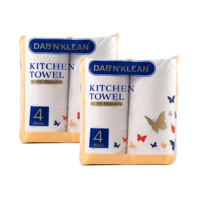 Dab N Klean 2 Ply Kitchen Towel/Tissue Paper Roll - Pack of 8 (60 Pulls per Roll, 480 Sheets) | Soft & Ultra Absorbent | OBA-Free | Pet Safe | 100% Virgin Cellulose Fiber (8 Rolls (480 Pulls))