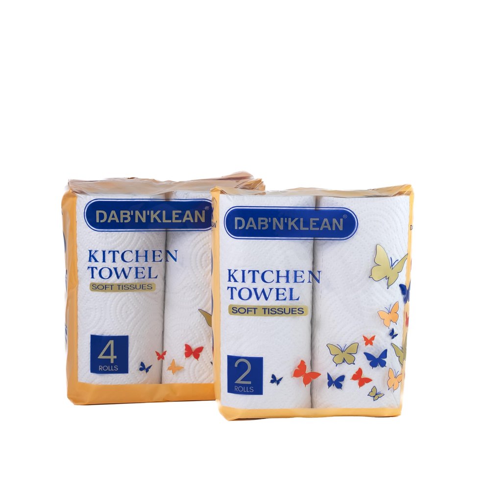 Dab N Klean 2 Ply Kitchen Towel/Tissue Paper Roll - Pack of 6 (60 Pulls per Roll, 360 Sheets) | Soft & Ultra Absorbent | OBA-Free | Pet Safe | 100% Virgin Cellulose Fiber (6 Rolls (360 Pulls))