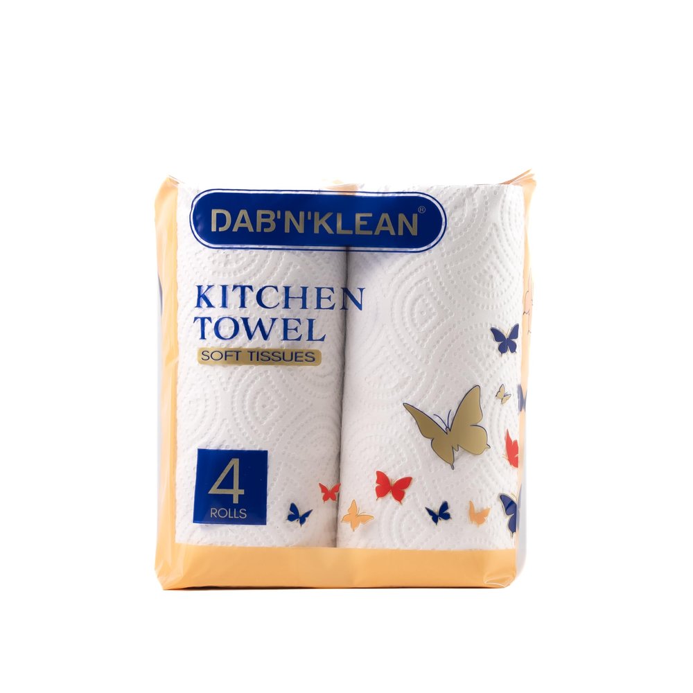Dab N Klean 2 Ply Kitchen Towel/Tissue Paper Roll - Pack of 4 (60 Pulls per Roll, 240 Sheets) | Soft & Ultra Absorbent | OBA-Free | Pet Safe | 100% Virgin Cellulose Fiber (4 Rolls (240 Pulls))