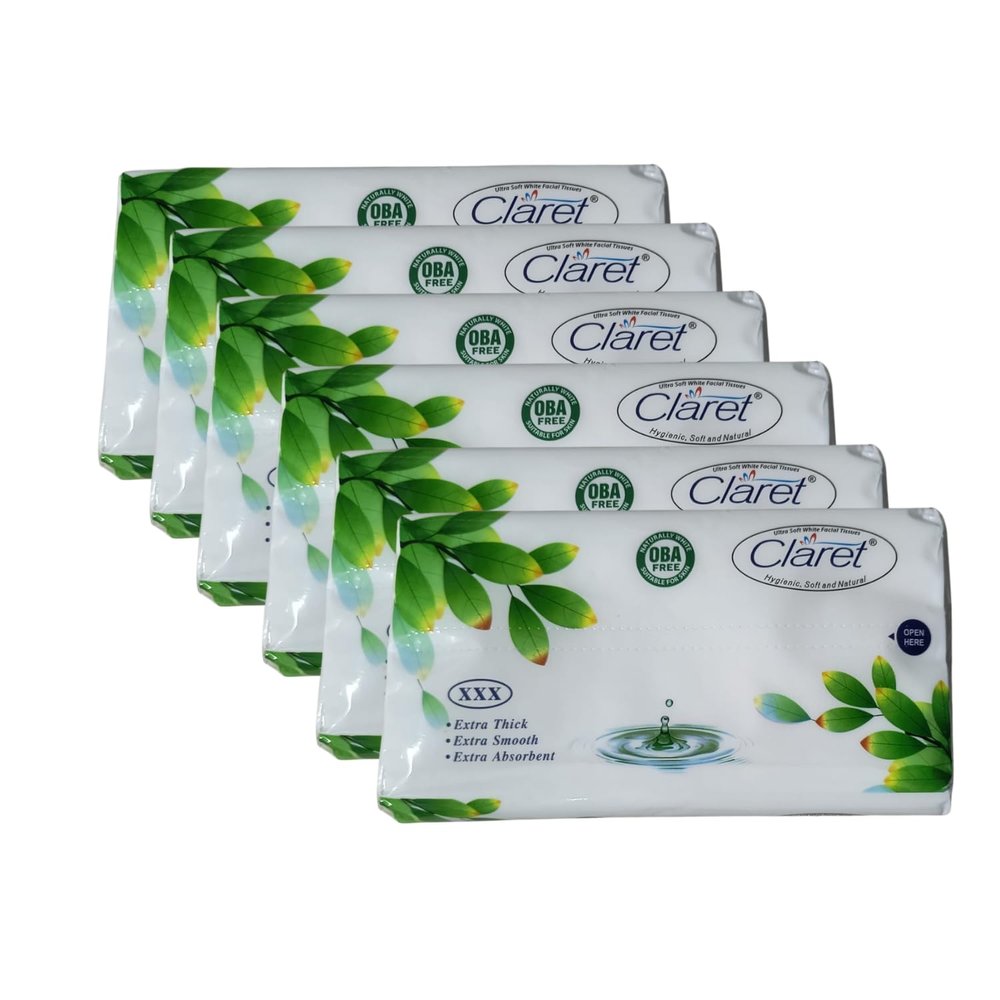 Claret Ultra Soft 2-Ply Facial Tissues | 100 Pulls | Skin-Friendly & OBA-Free | (18 x 10 cm) (Pack Of 6)