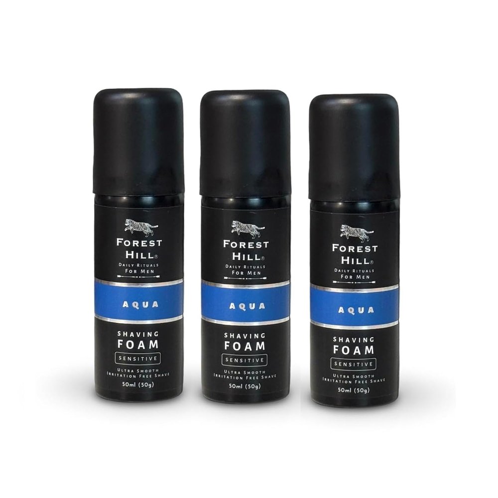 Forest Hill Pack of 3 Aqua Pre Shave Foam For Men, Goodness of Olive and Argan Oil, Mulberry, Rosemary & Peppermint Extract, Prevent Cuts and Burns, Rich Lather, Cooling Hydrating Formula, Shaving Foam (Each 50g)