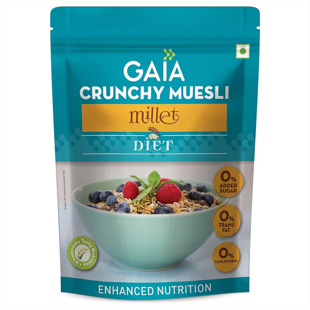Gaia Crunchy Millet Muesli | High on Proteins | Low on Cholesterol | No Trans-Fat | Sugar Free | No Preservatives | Abundance of Antioxidants Diet 375Gm