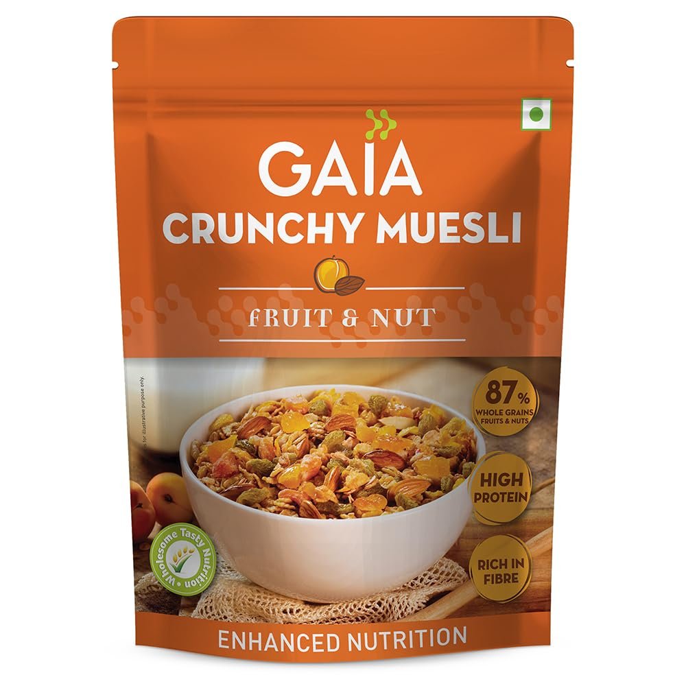 Gaia Crunchy Fruit and Nut Muesli 375 gm - The Deliciously Crunchy and Nutritious Breakfast Cereals Packed with Fibre, Iron and Antioxidants Serves As The Nourishing, Tasty Breakfast Option.