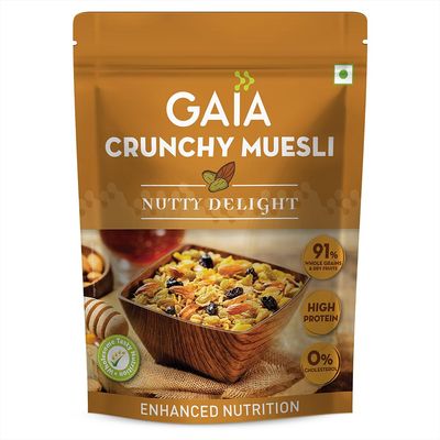 GAIA Nutty Delight Crunchy Muesli 375 gm Box - A Perfect Blend of Multigrains, Nuts, Oats and Cornflakes The Ultimate Healthy and Delicious Breakfast Cereals,Source of Protein, Zero Trans FatHigh Fiber