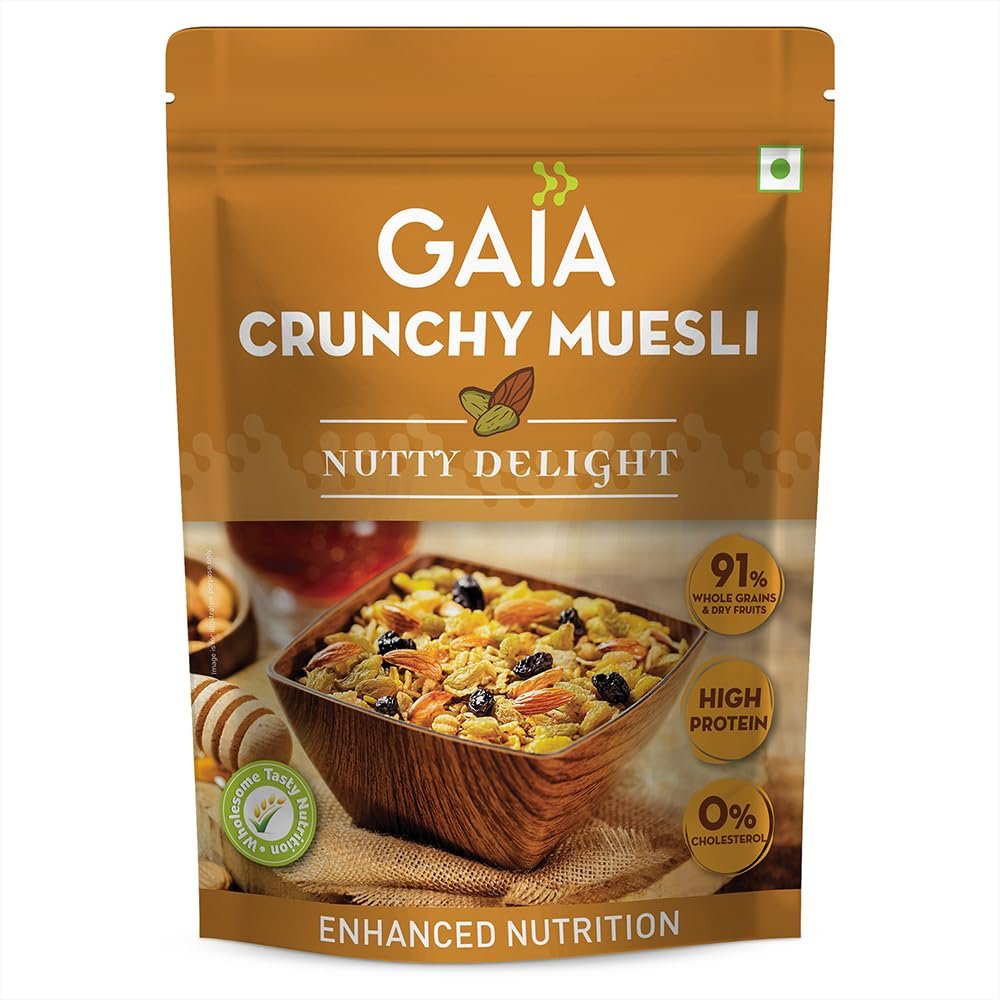 GAIA Nutty Delight Crunchy Muesli 375 gm Box - A Perfect Blend of Multigrains, Nuts, Oats and Cornflakes The Ultimate Healthy and Delicious Breakfast Cereals,Source of Protein, Zero Trans FatHigh Fiber