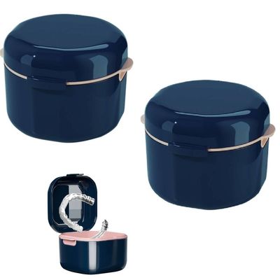 HASTHIP 2PCS Denture Bath Case, Retainer Holder with Strainer Basket, False Teeth Storage Cup Mouth Guard Storage Soak Container for Travel Cleaning, Blue