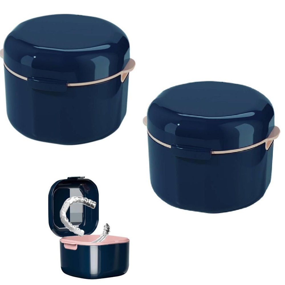 HASTHIP 2PCS Denture Bath Case, Retainer Holder with Strainer Basket, False Teeth Storage Cup Mouth Guard Storage Soak Container for Travel Cleaning, Blue