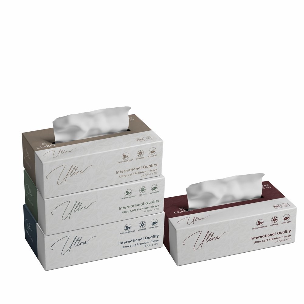 Claret Ultra Soft 3-Ply (18 x 20 cm) Facial Tissue | 75 Pulls | 100% Virgin Pulp | OBA Free (Pack Of 4)